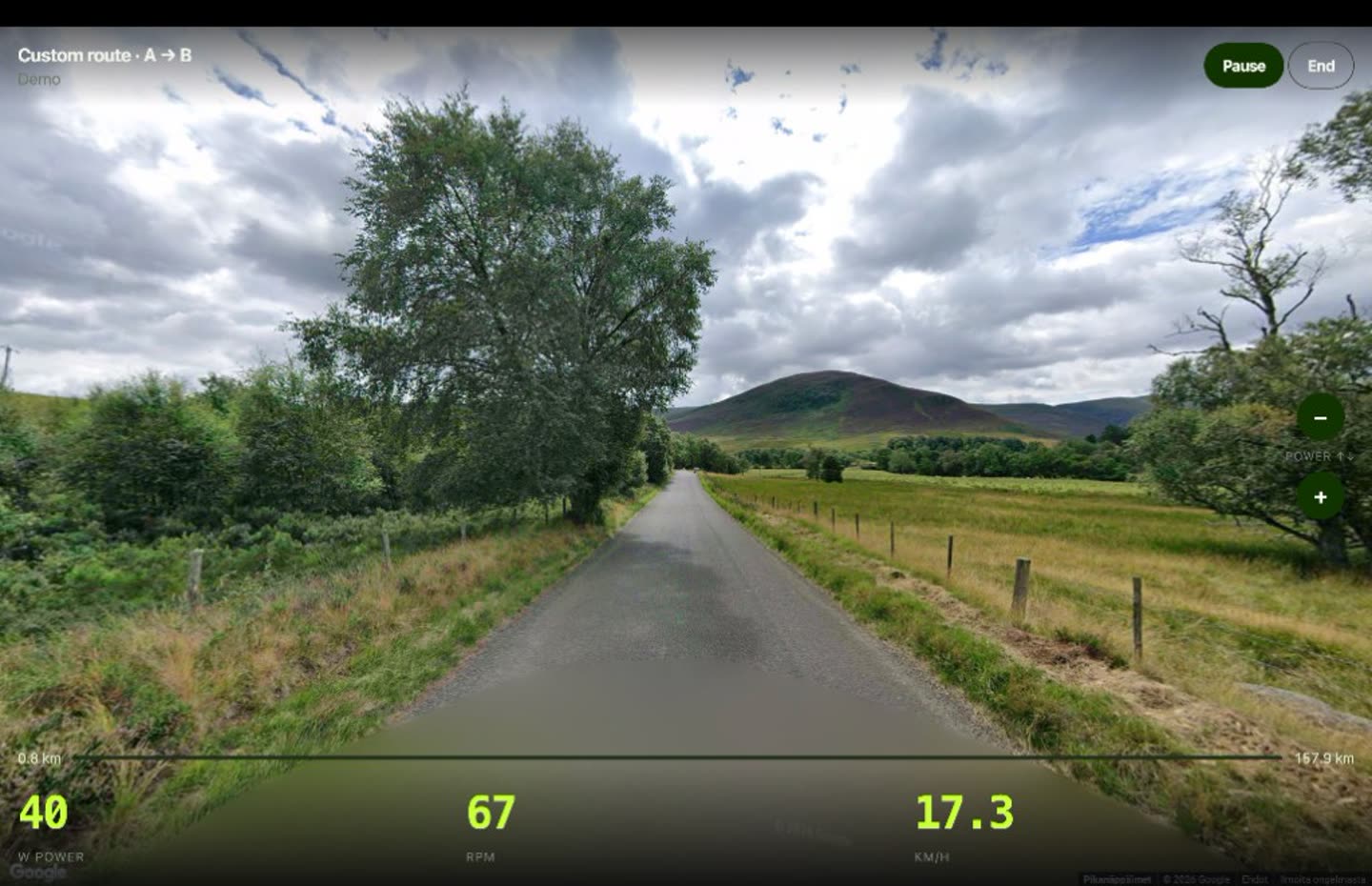 Rural road indoor cycling in Google Street View