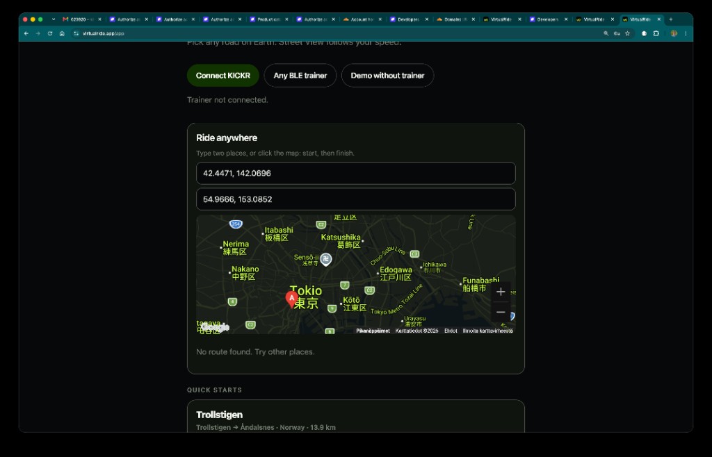 VirtualRide route picker with Connect KICKR control and A-to-B route fields