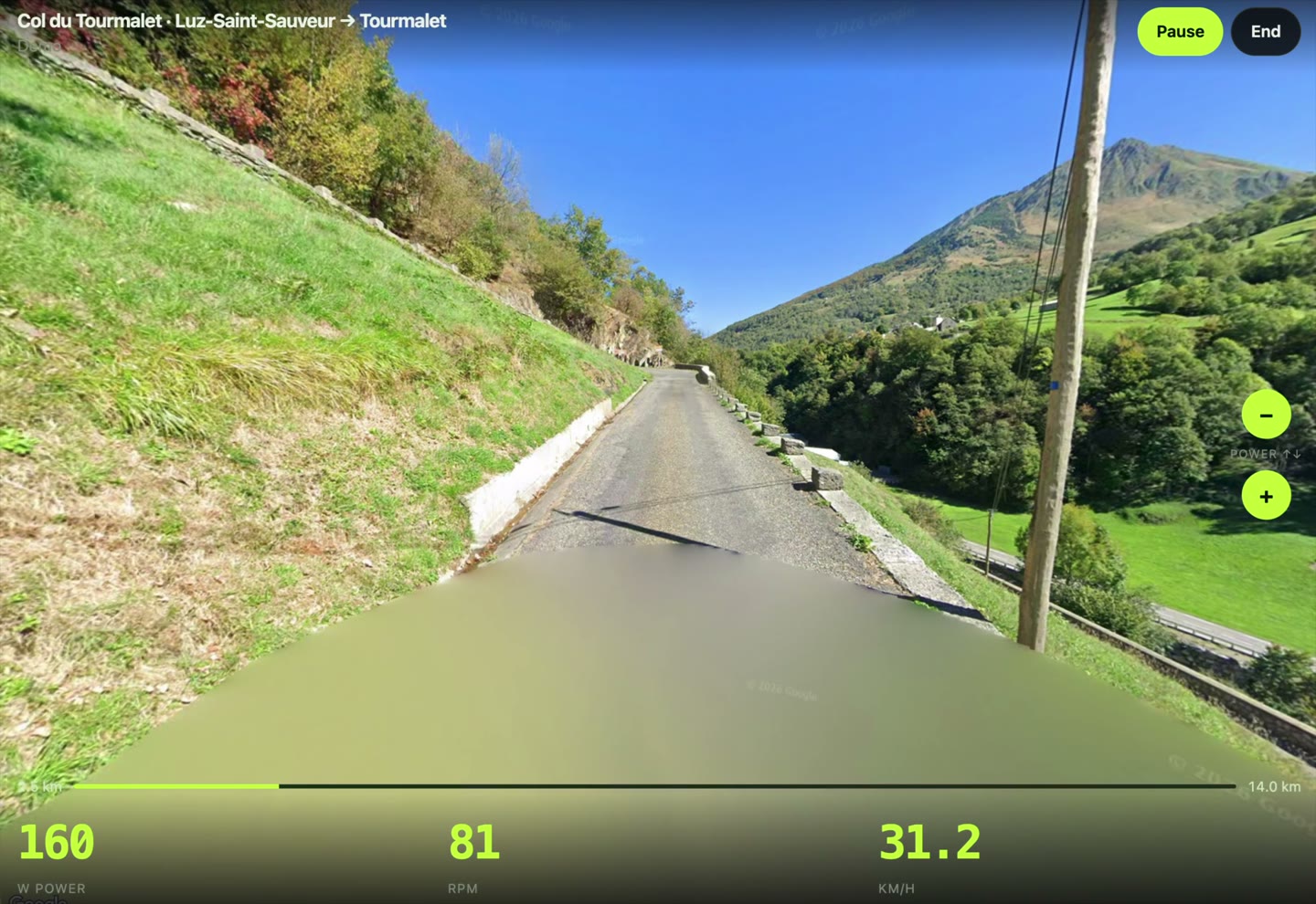 Indoor cycling on Col du Tourmalet in Google Street View with live power, cadence, and speed